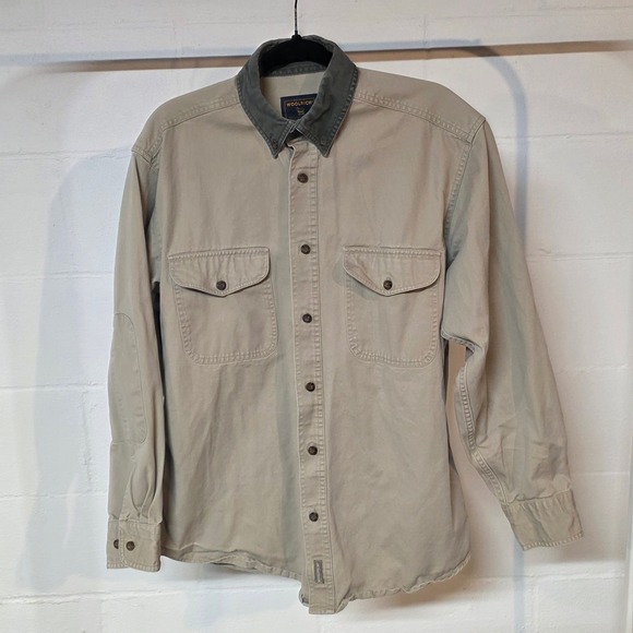 Vintage WOOLRICH Tan Long Sleeve Button Shirt Olive Collar Pockets XL Utility - Picture 1 of 13
